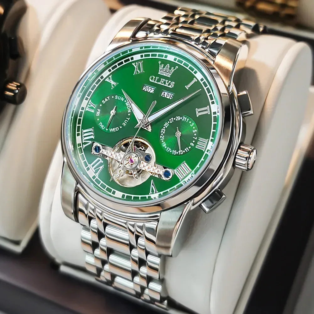 OLEVS Men's Watches Automatic Mechanical Business Wristwatch Silver green face