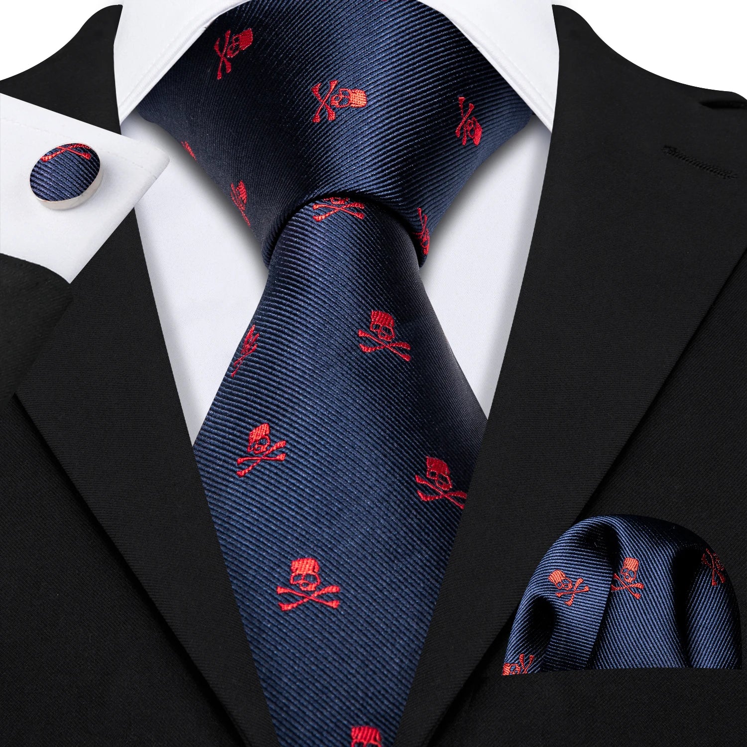 Red Skull Silk Tie Set with Handkerchief – Designer Men’s Necktie for Wedding, Business & Parties
