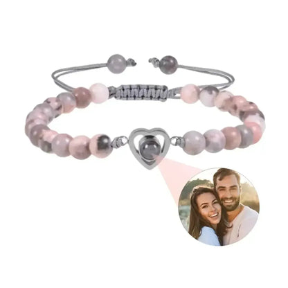 Custom Projection Photo Bracelet 6mm Natural Stone Circle Pendant Grey rope / Silver Beads / United States