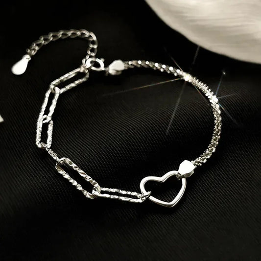 Sterling Silver Double Love Heart Hollow Round Beads Bracelet BTSP257