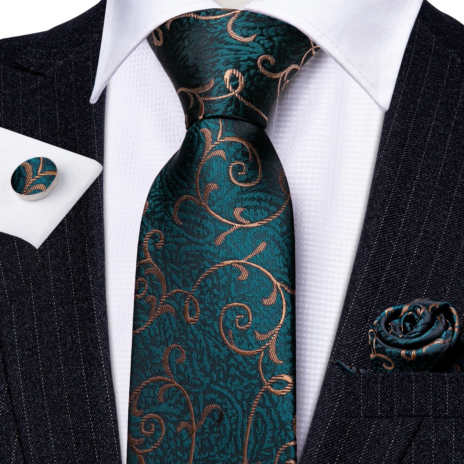 Green & Gold Floral Jacquard Tie Set with Pocket Square & Cufflinks