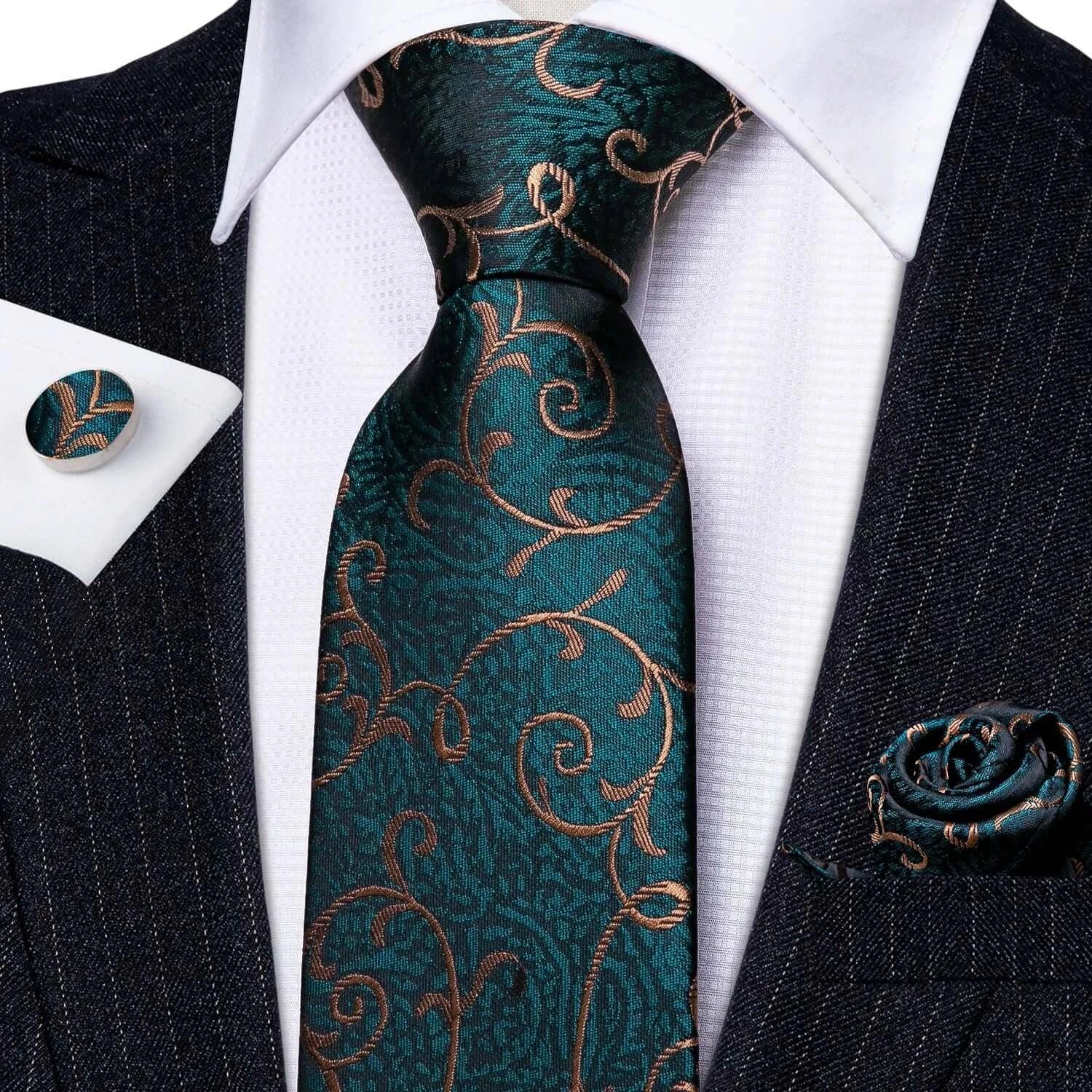 Green & Gold Floral Jacquard Tie Set with Pocket Square & Cufflinks United States