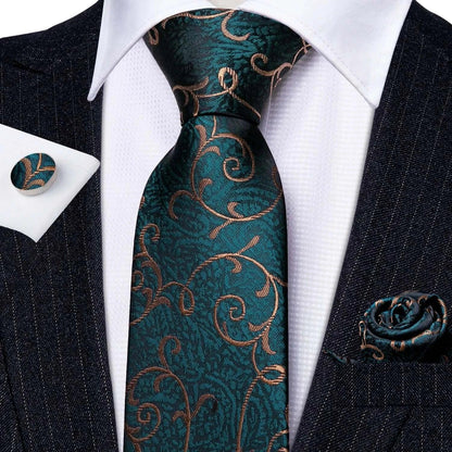 Green & Gold Floral Jacquard Tie Set with Pocket Square & Cufflinks United States