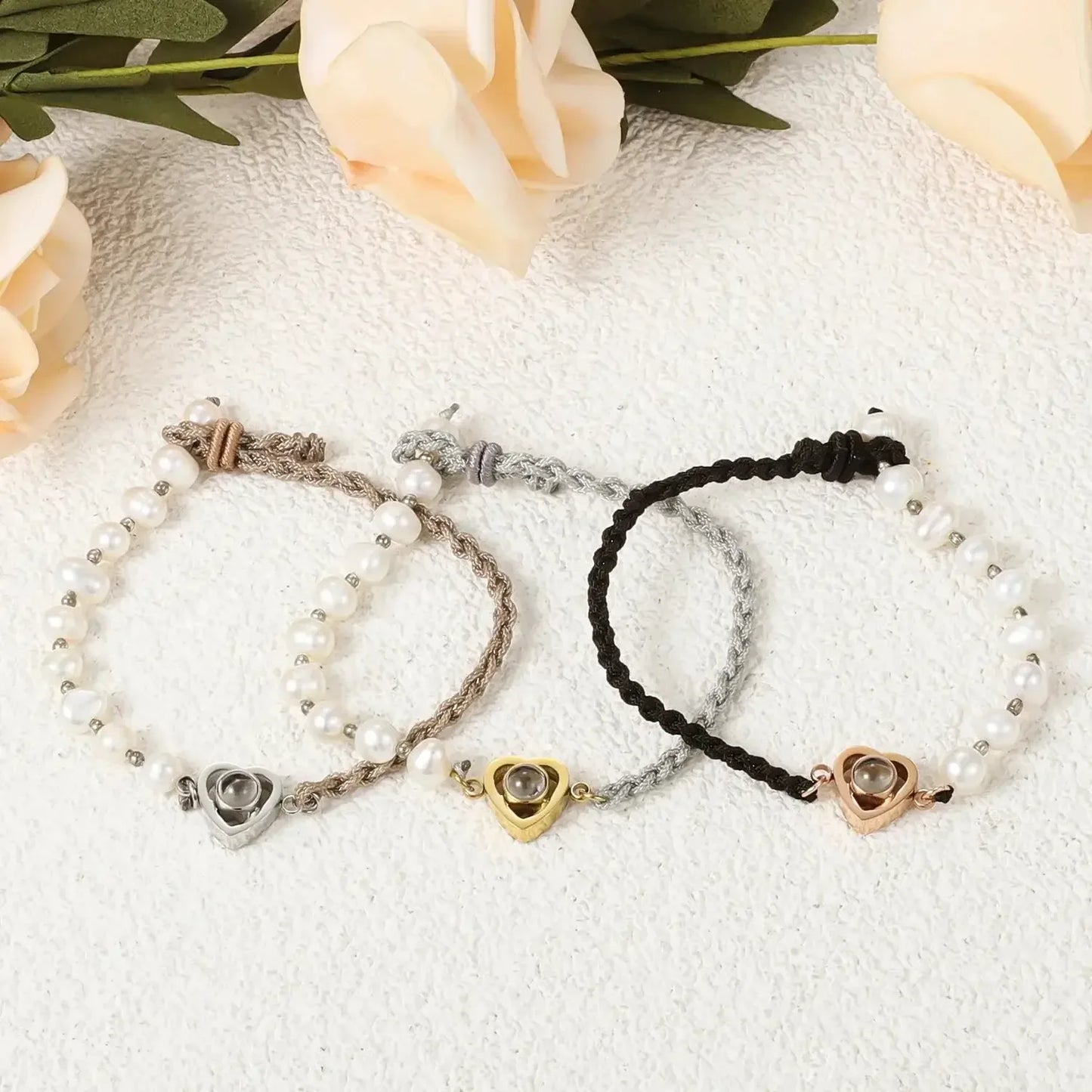 Handmade Pearl Projection Bracelet Custom Photo Luxury Pink 1 / adjustable / steel bead|United States