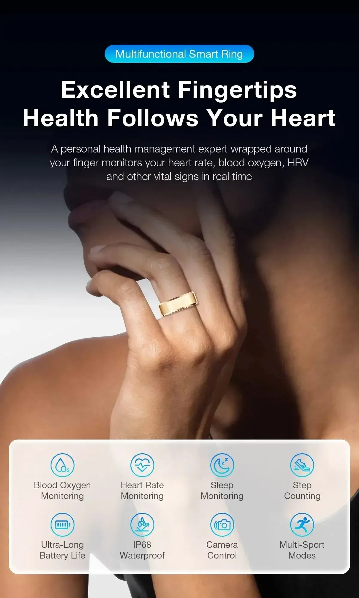 Aolon Gen3 Smart Ring Men Women Military Grade Titanium Steel Shell Waterproof Multi-sport Modes black / United States / 8