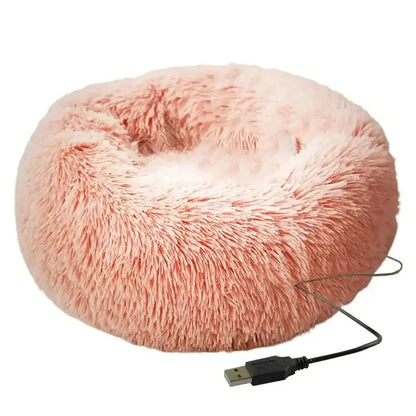 Round Dog Bed House Dog Mat Long Plush Cats Nest USB Heating Dog Basket Pet Cushion Soft Sleeping Pets Winter Warmth Supplies Pink / M / United States