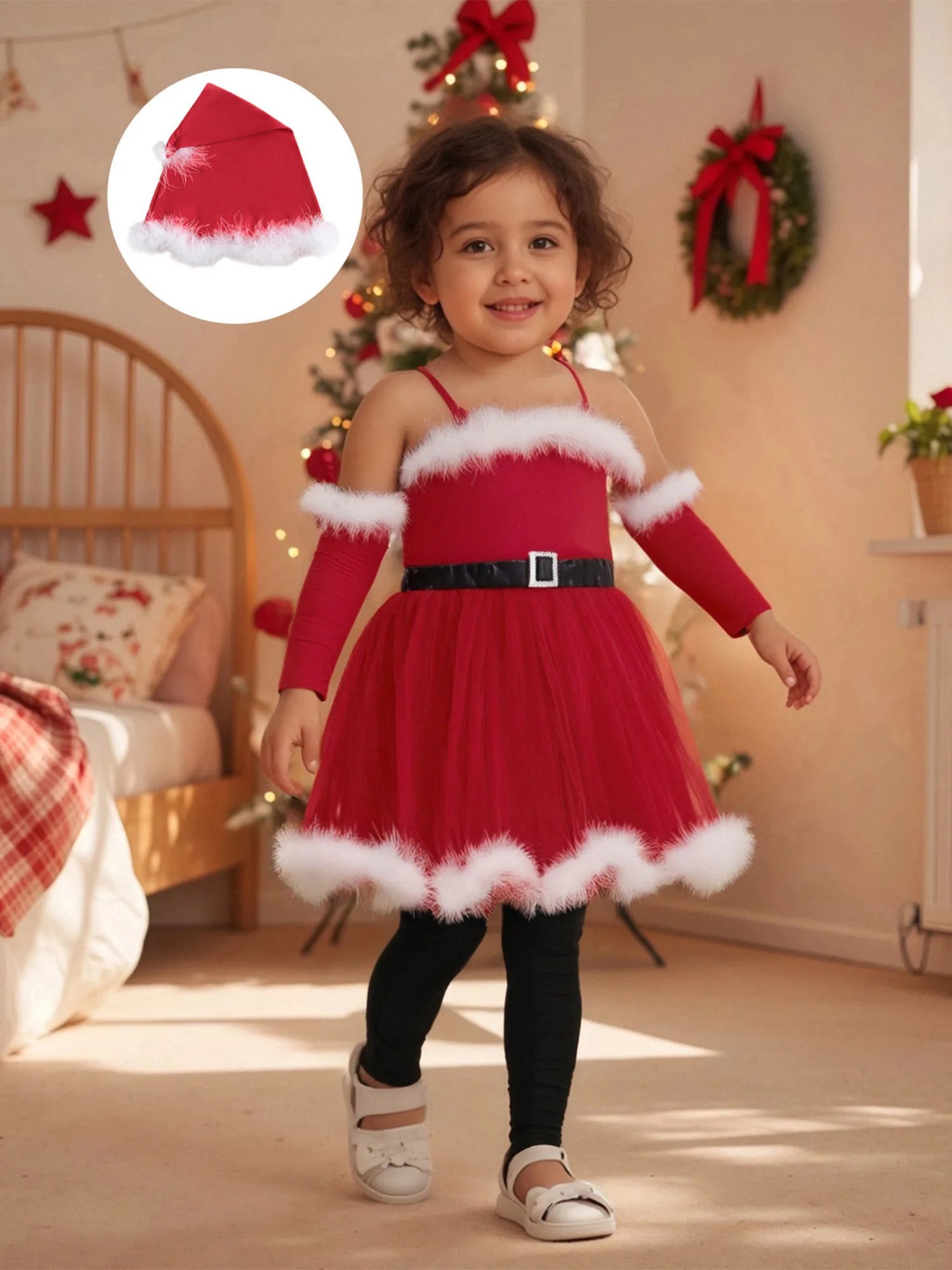 Baby Girl Christmas Outfit Set – Reindeer Romper with Santa Hat & Socks