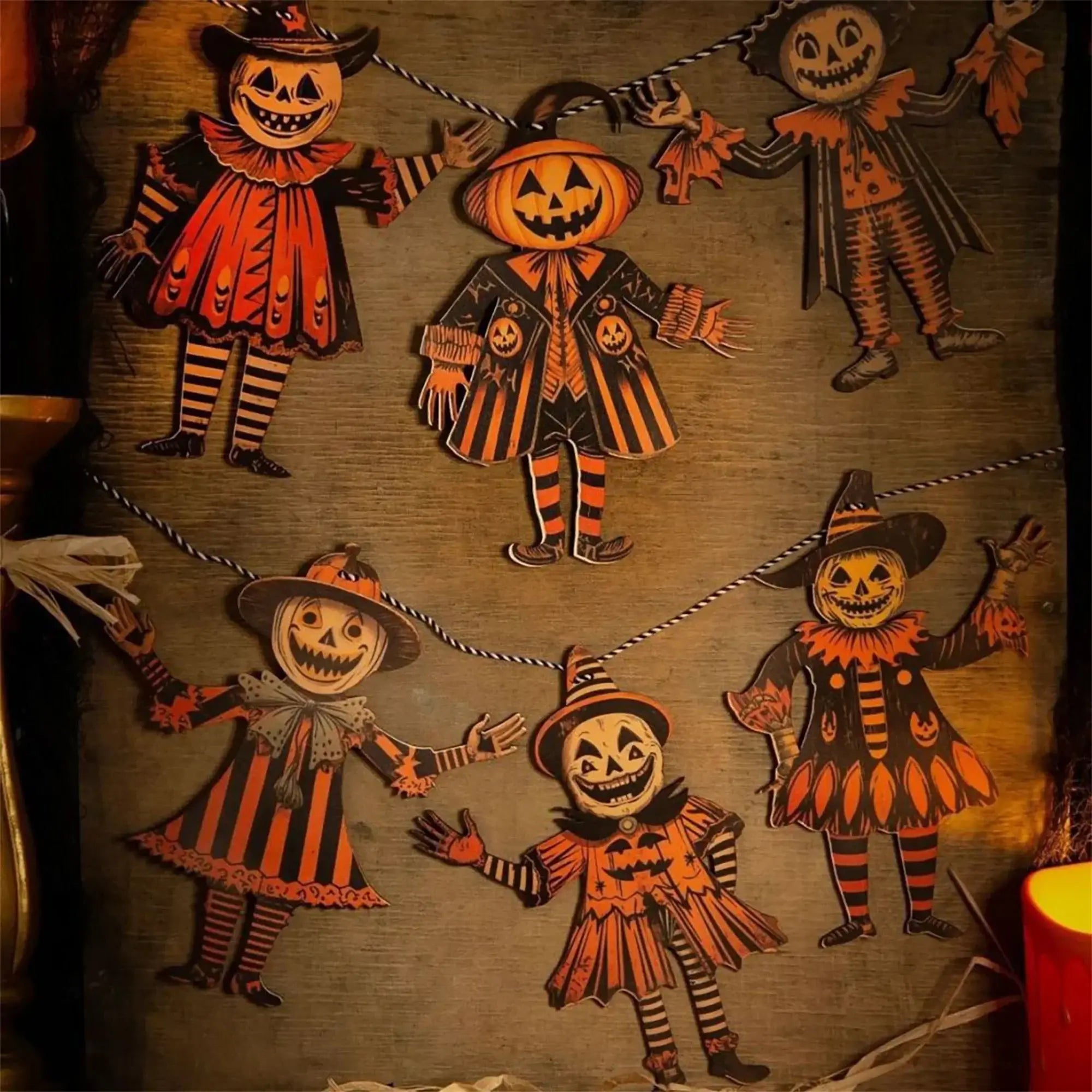 Retro Halloween Wooden Garland – 6PCS Jack-o’-Lantern & Witch Banner