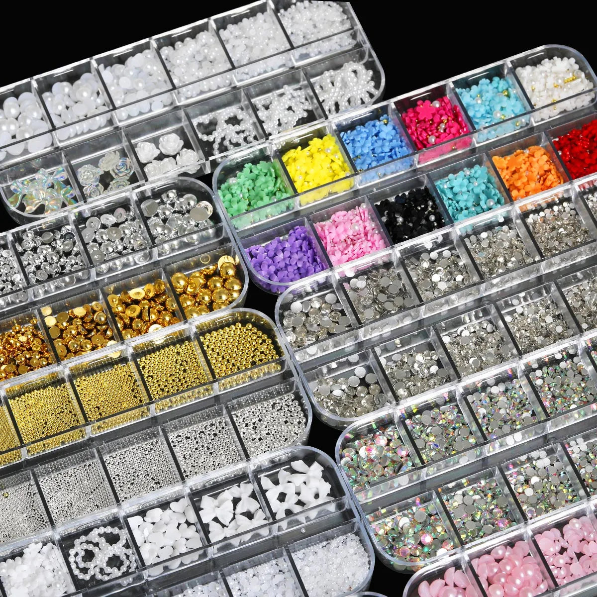 11 Boxes 3D Nail Art Decoration Set with Pearls, Rhinestones & Resin Flowers