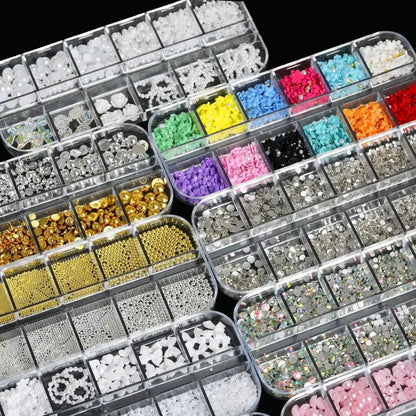 11 Boxes 3D Nail Art Decoration Set with Pearls, Rhinestones & Resin Flowers 11BOX / United States