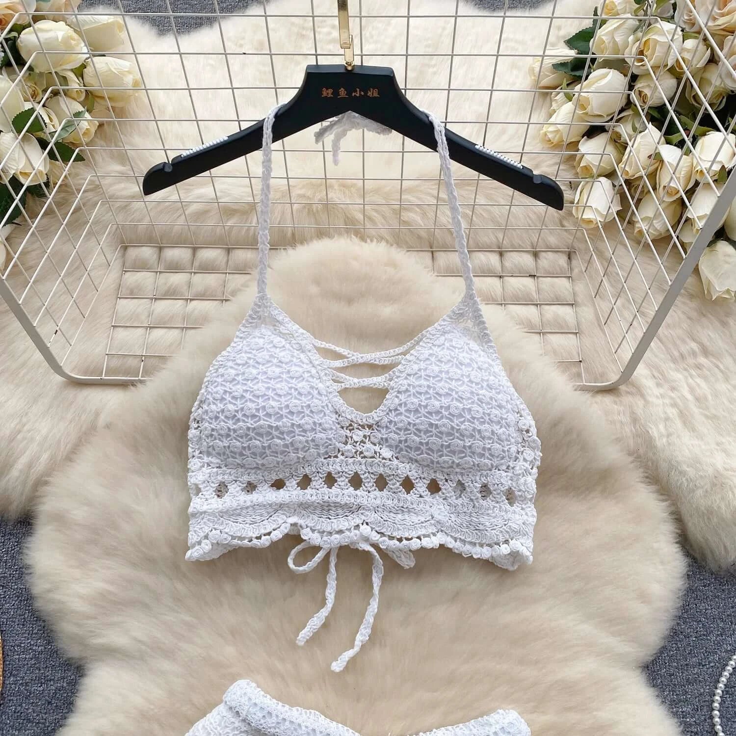 Knitted two piece short set for women, ideal for beach and holiday wear.