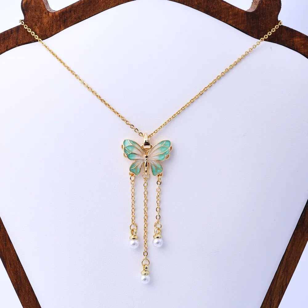 Fluorescent Butterfly Pearl Pendant Necklace