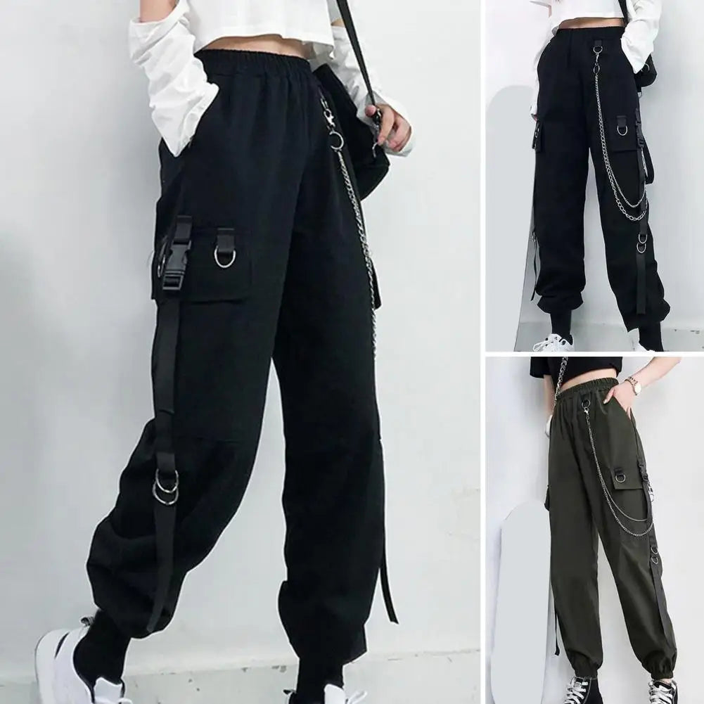 Women Cargo Pants Chain Decor Multi Pockets High Elastic Waist Pants