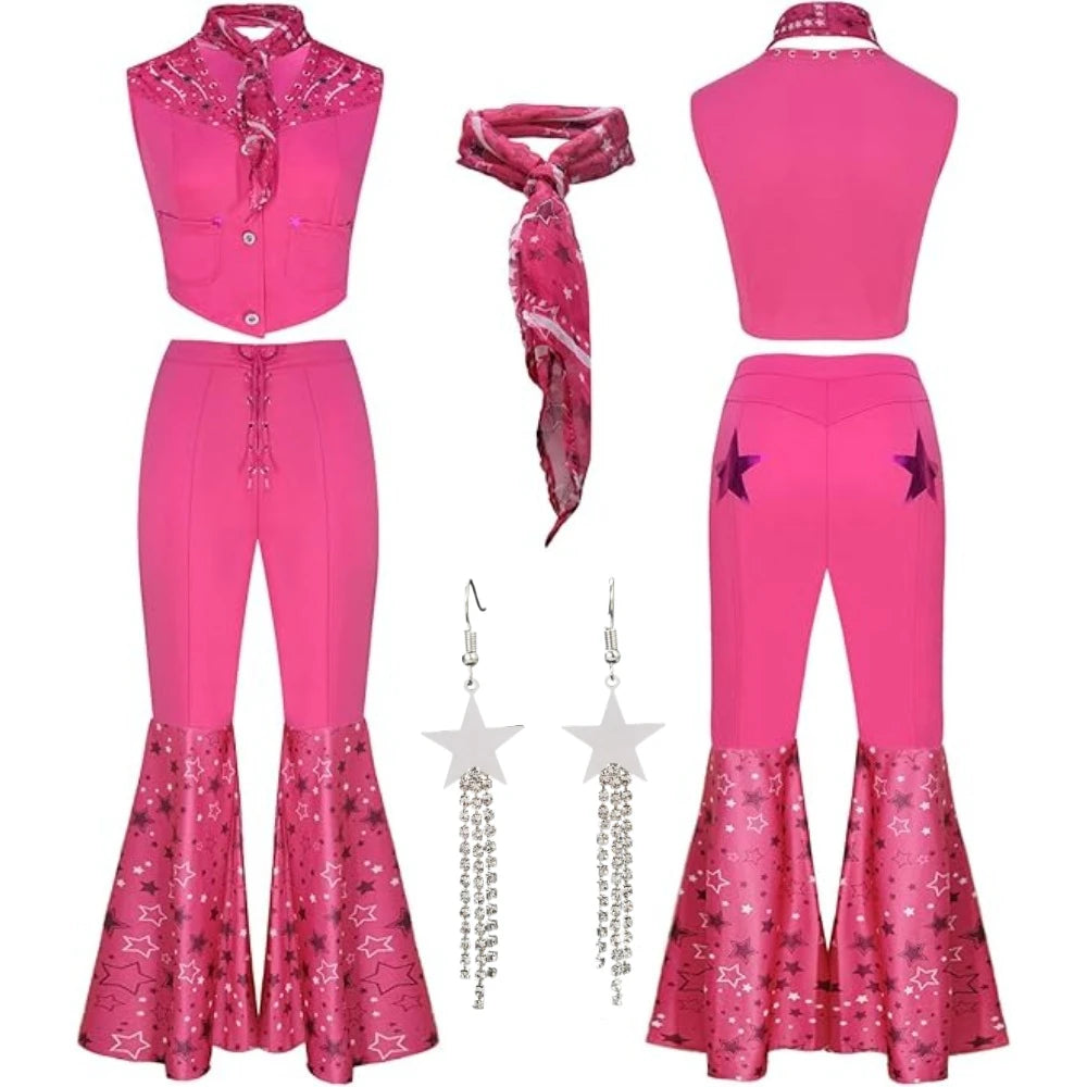 Movie Barbie Cosplay Costume – Rose Red Bell Bottom Suit with Accessories