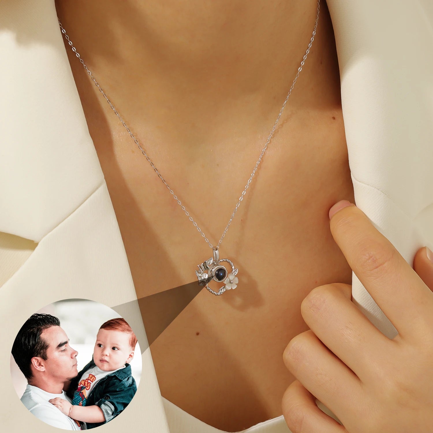 925 Silver Heart Projection Necklace Custom Photo Flower Pendant for Women