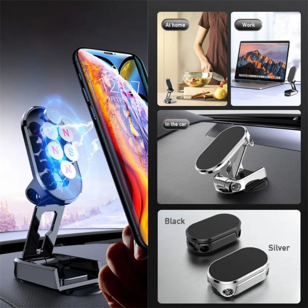 Compact smartphone holder with strong magnetic grip.