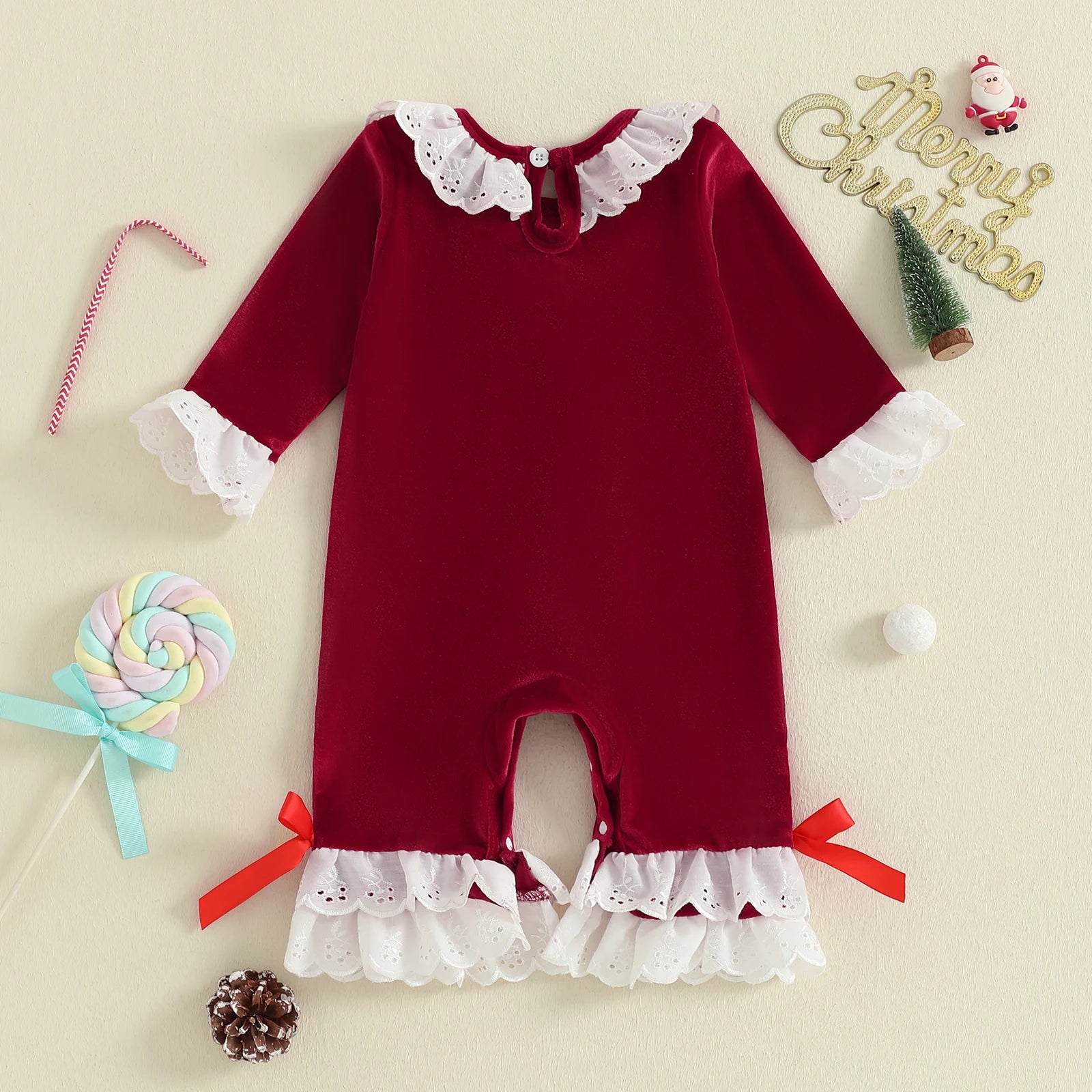 Baby Girls Christmas Velvet Romper – Long Sleeve Santa Jumpsuit