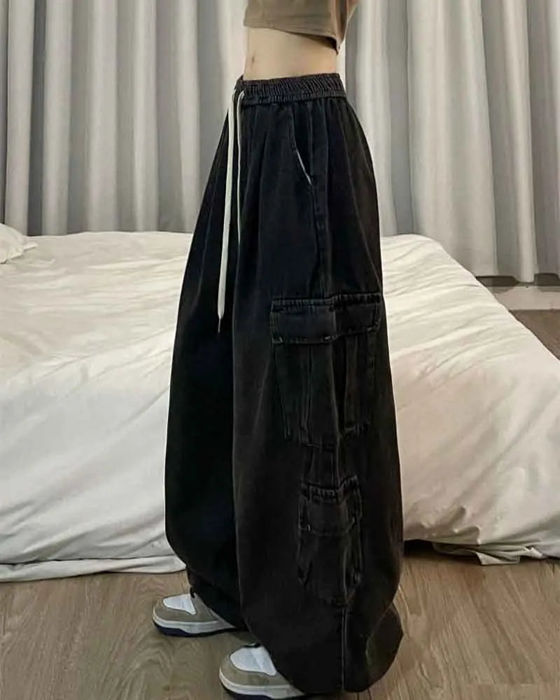 Elastic Waist Straight Wide Leg Pants Oversized Baggy Denim Trousers