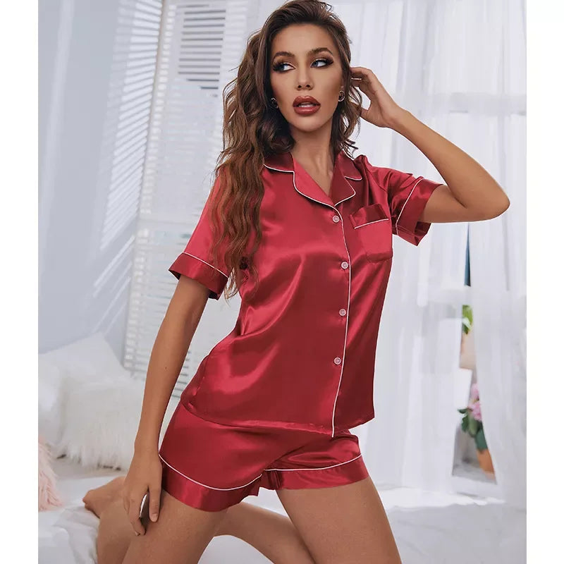Womens Silk Satin Pajamas Set Short Sleeve Two-piece red / S