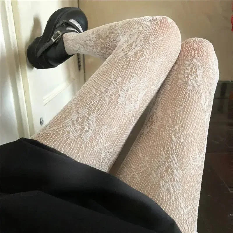 Hollowed Lace Mesh Stocking WHITE