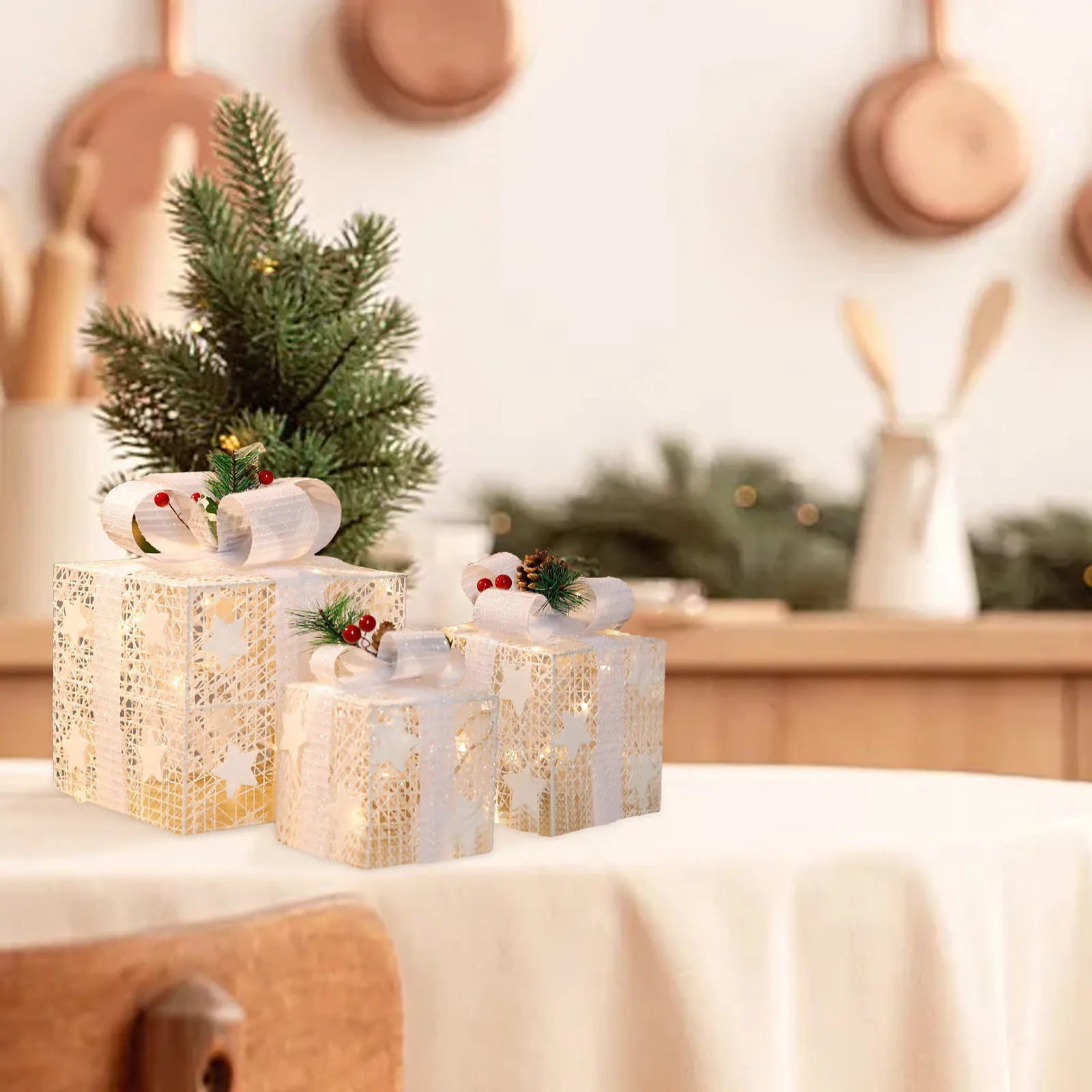 Set of 3 LED Christmas Gift Boxes with Green Bows
