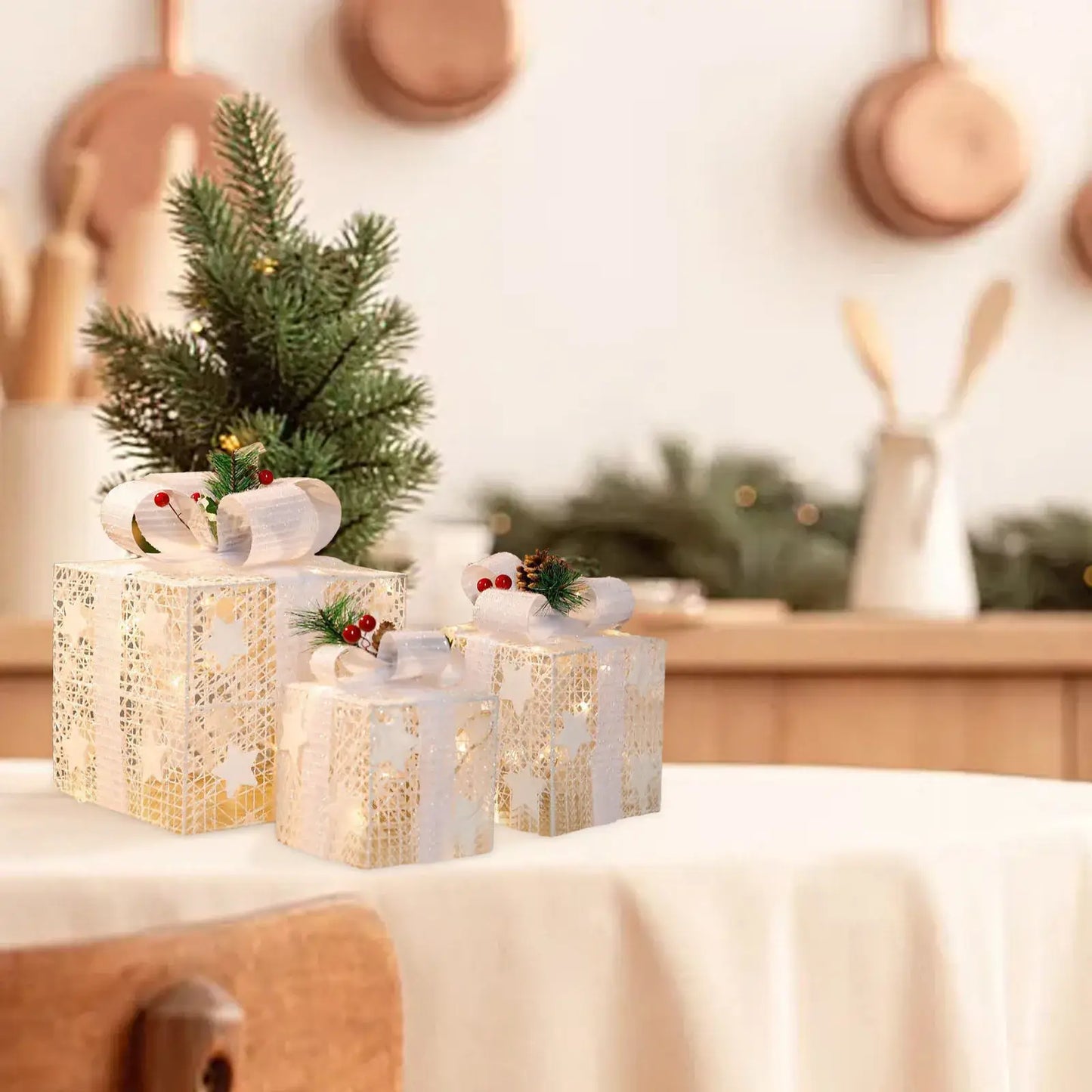 Set of 3 LED Christmas Gift Boxes with Green Bows A / One Size / United States