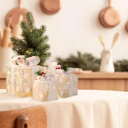 Set of 3 LED Christmas Gift Boxes with Green Bows A / One Size / United States