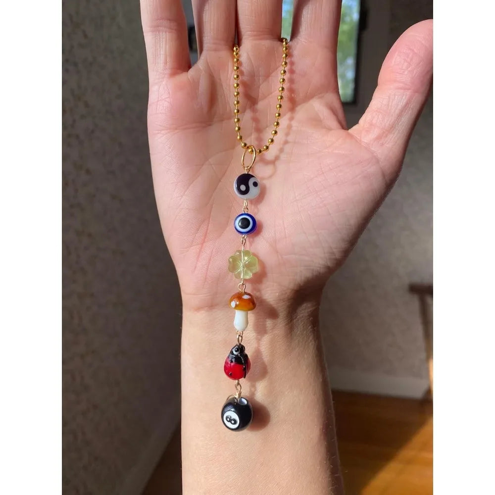 Cute Boho Car Pendant – Mushroom, Clover, Evil Eye, Ladybug & Yin Yang Decor