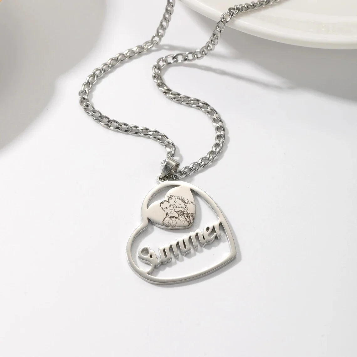 Picture Engraved Heart Necklace Custom Name