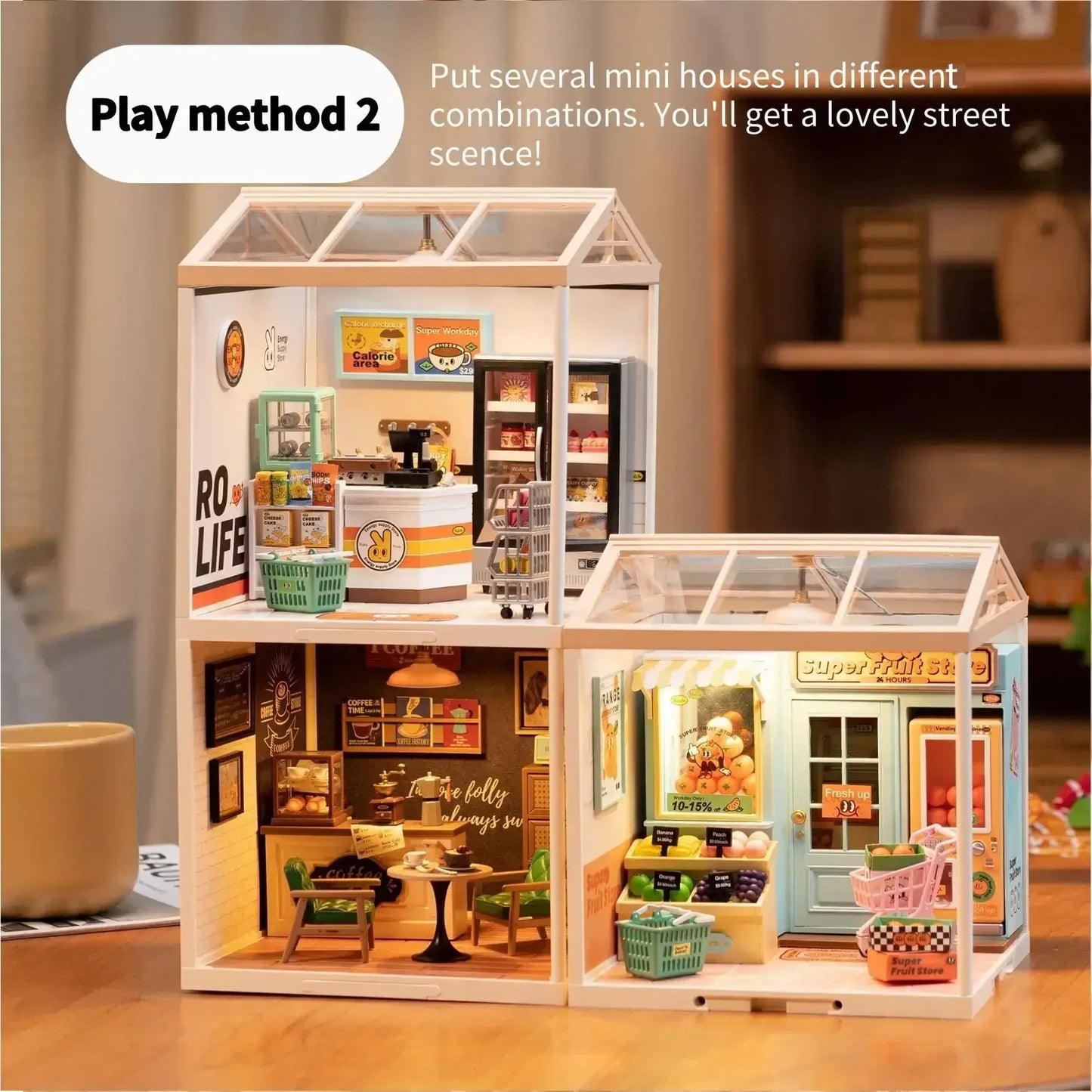 Robotime Rolife Super Creator Miniature Building Kit – Bookstore, Bakery & Bubble Tea Shop 3 in 1 / United States