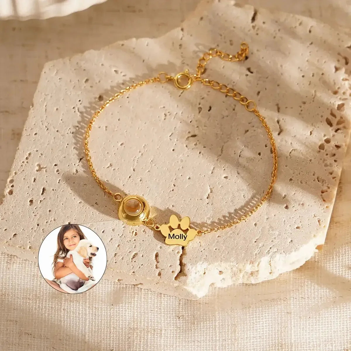 Custom Pet Name Bracelet with Photo Projection Gold / 18cm / 2 paw
