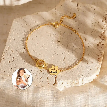 Custom Pet Name Bracelet with Photo Projection Gold / 18cm / 2 paw