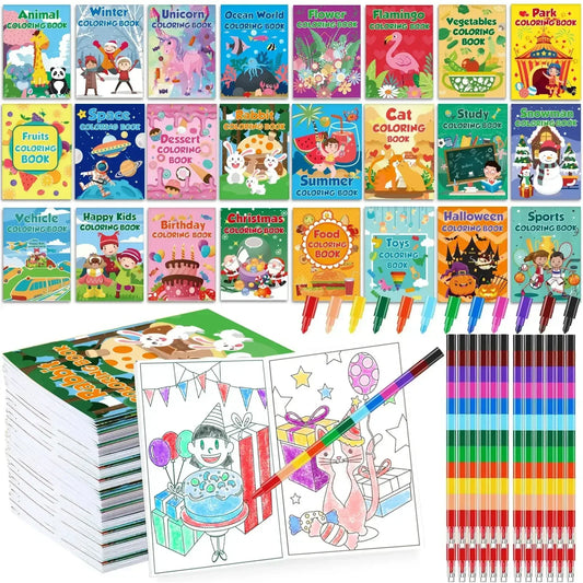 24-Pack Mini Coloring Books with 24 Stacking Crayons Set – Fun Party Gift Set for Kids United States