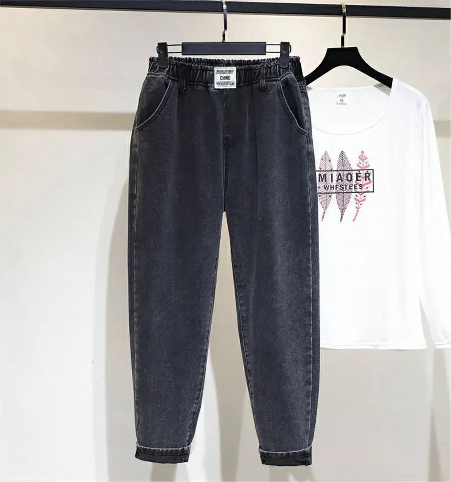 High Waist Elastic Waist Ankle-length Harem Denim Pants