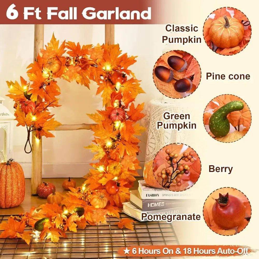 6FT Lighted Fall Garland with Pumpkins & Pomegranates