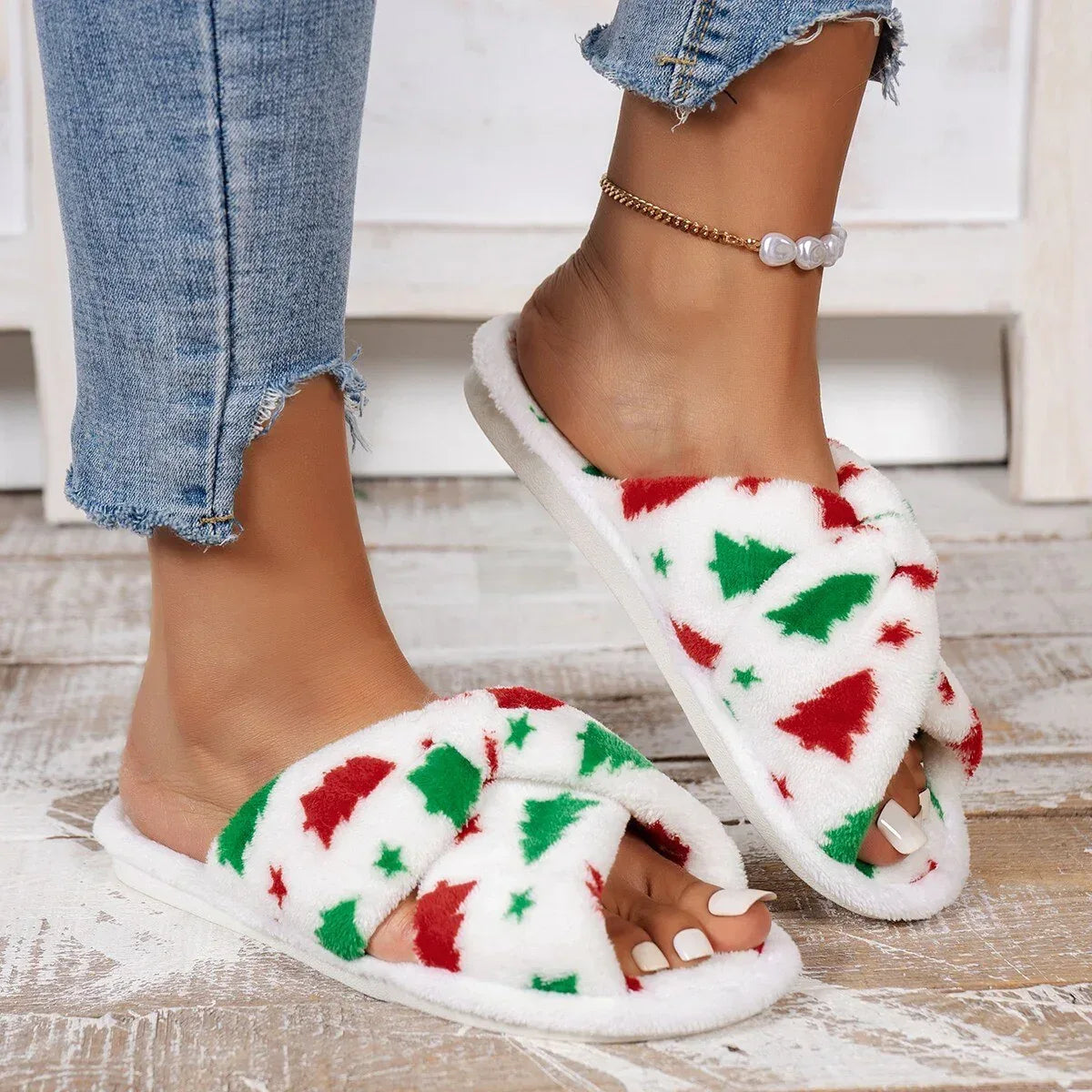 Christmas Tree Pattern Furry Bedroom Slippers Christmas Tree / 7.5