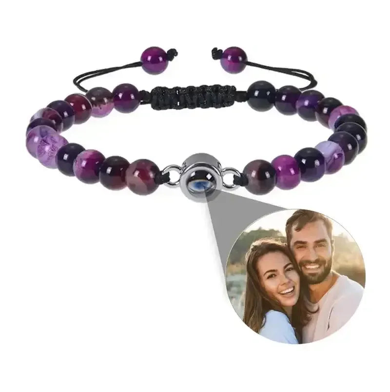 Custom Projection Photo Bracelet 6mm Natural Stone Circle Pendant Round 4 / Black Beads / United States