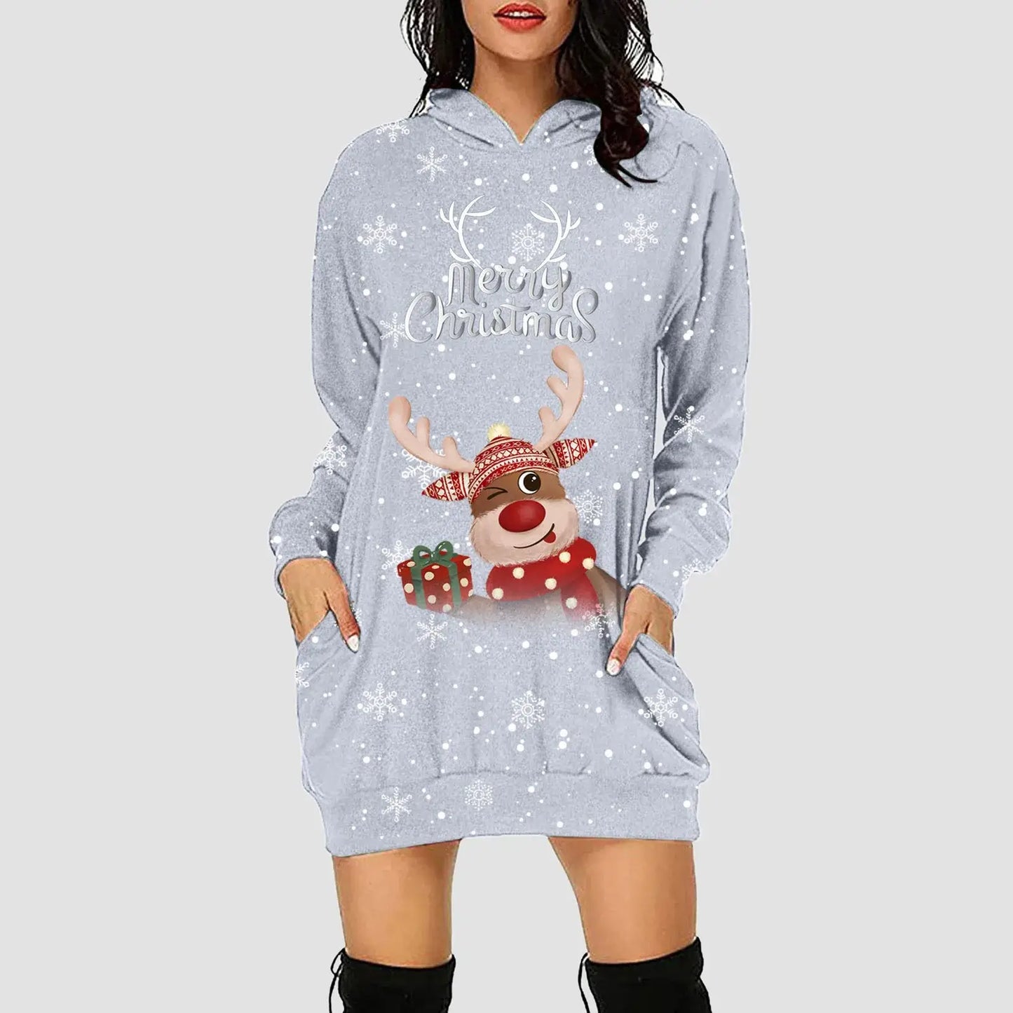 Women & Girls Christmas Sweatshirt Dress – Snowflakes & Reindeer Print, Long Sleeve Light Gray / S / United States