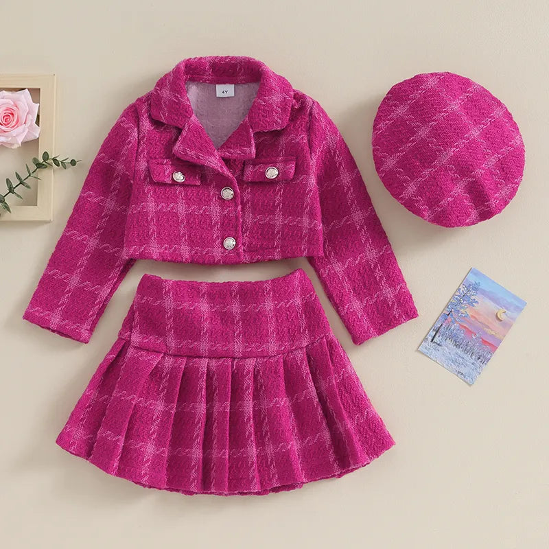 Blazer Coat , pleated Skirt and Beret Sets for Children