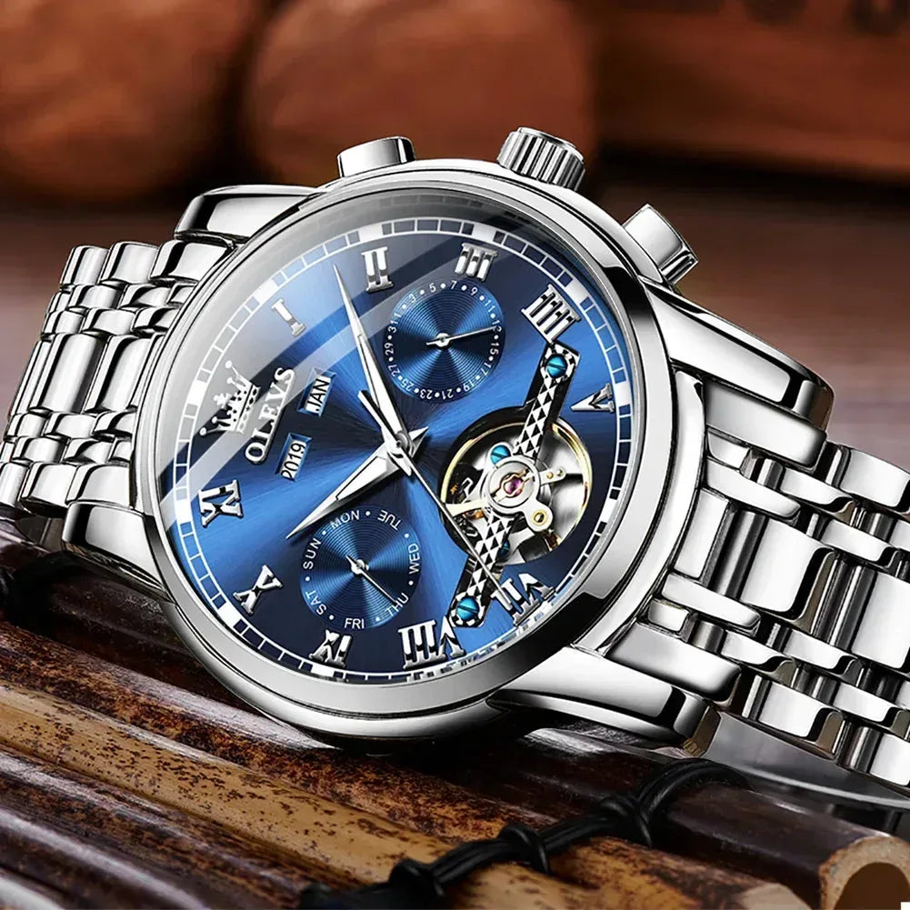 OLEVS Men's Watches Automatic Mechanical Business Wristwatch Silver green face