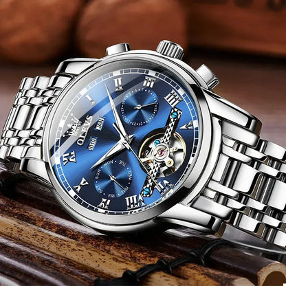 OLEVS Men's Watches Automatic Mechanical Business Wristwatch Silver green face