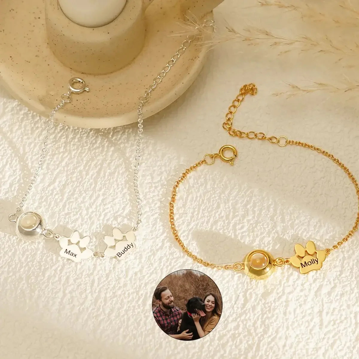 Custom Pet Name Bracelet with Photo Projection Gold / 18cm / 2 paw