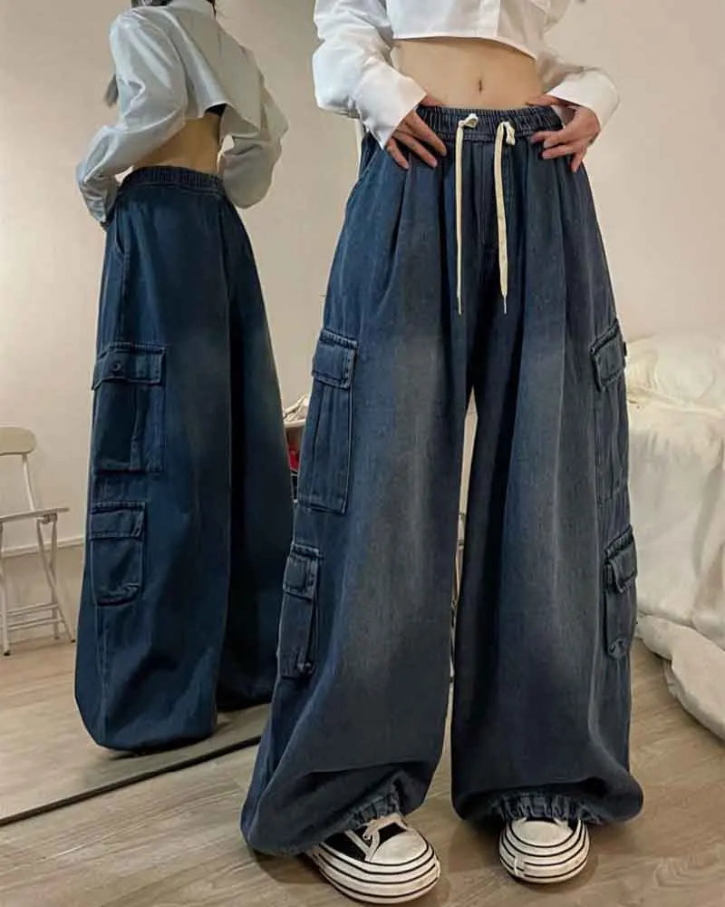 Elastic Waist Straight Wide Leg Pants Oversized Baggy Denim Trousers