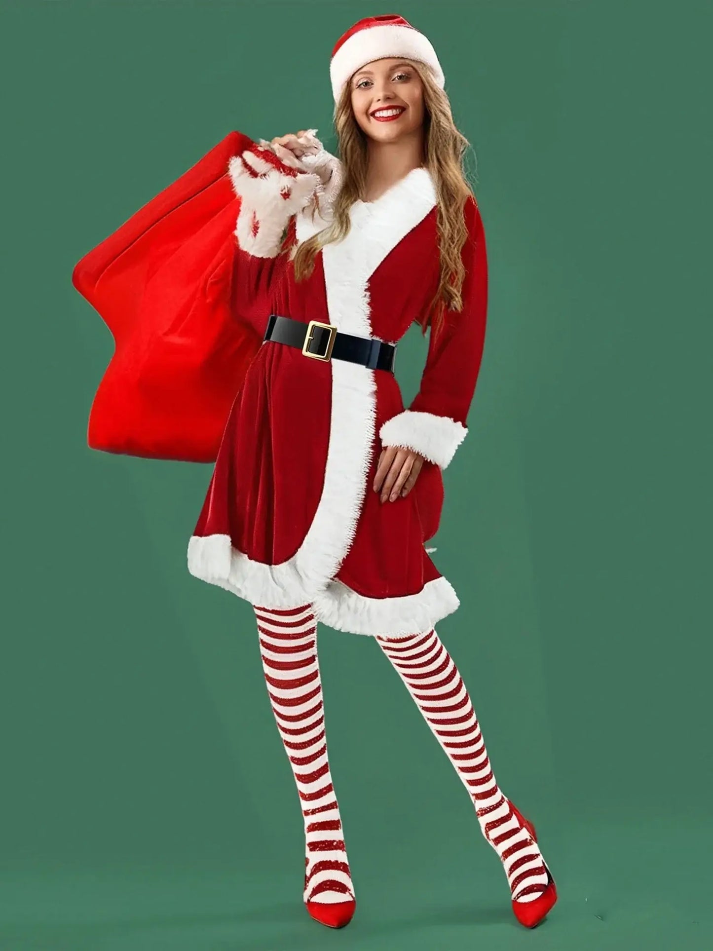 Women’s Christmas Cosplay Costume – Red Velvet Dress with Santa Hat, Gloves & Stockings Set Red / S / United States