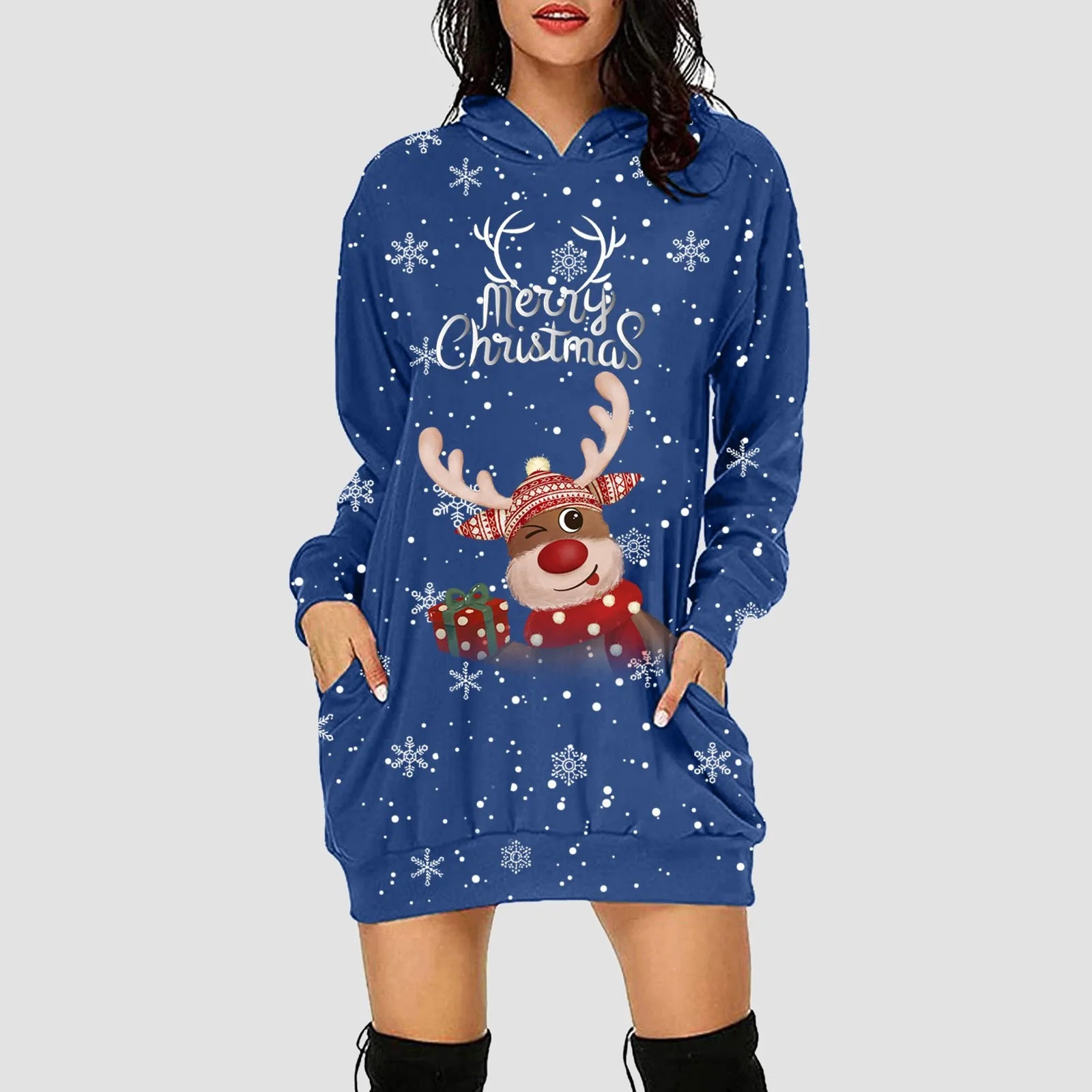 Women & Girls Christmas Sweatshirt Dress – Snowflakes & Reindeer Print, Long Sleeve