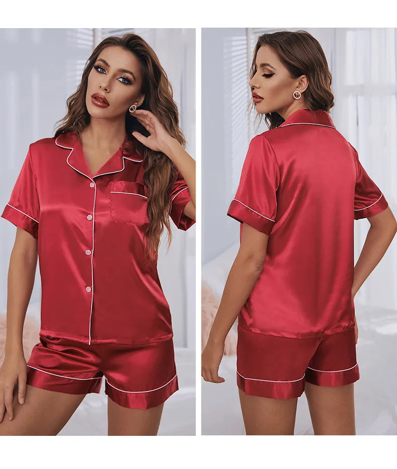 Womens Silk Satin Pajamas Set Short Sleeve Two-piece