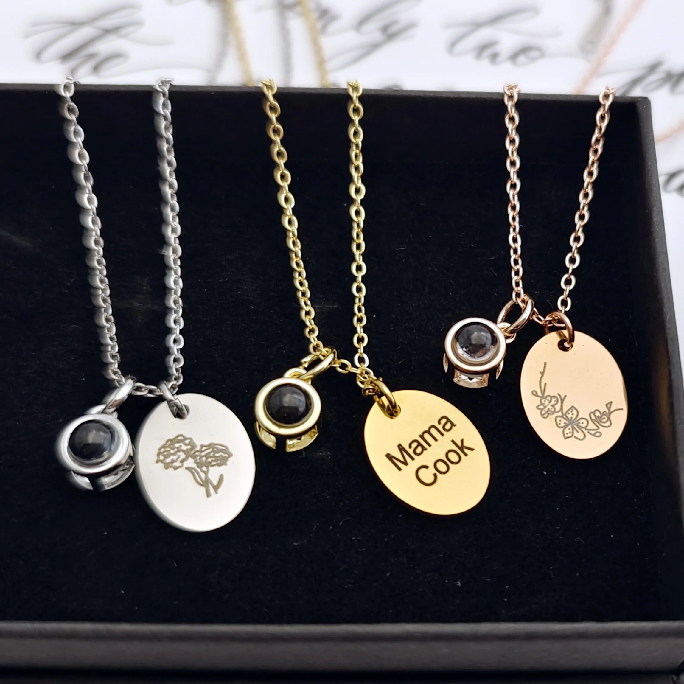 Custom Oval Photo Projection Necklace Birth Flower Name Pendant