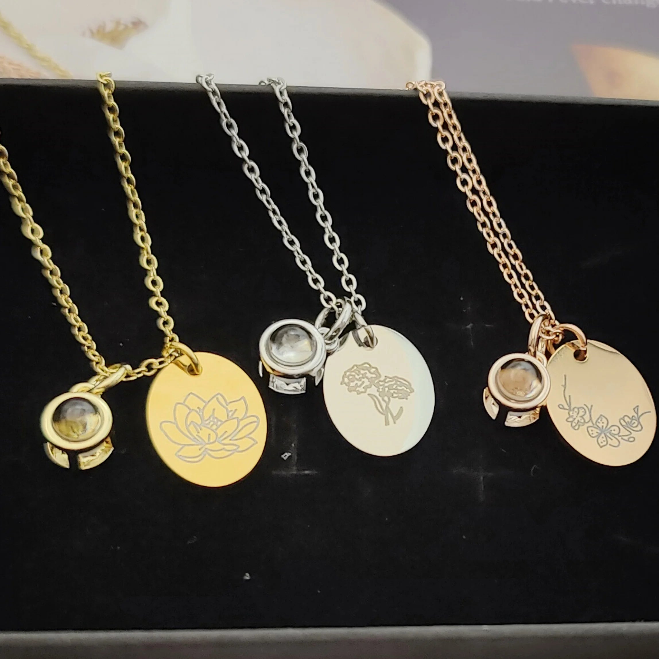 Custom Oval Photo Projection Necklace Birth Flower Name Pendant