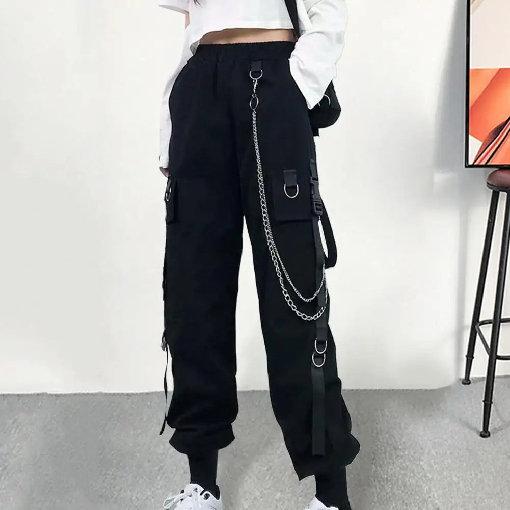 Women Cargo Pants Chain Decor Multi Pockets High Elastic Waist Pants