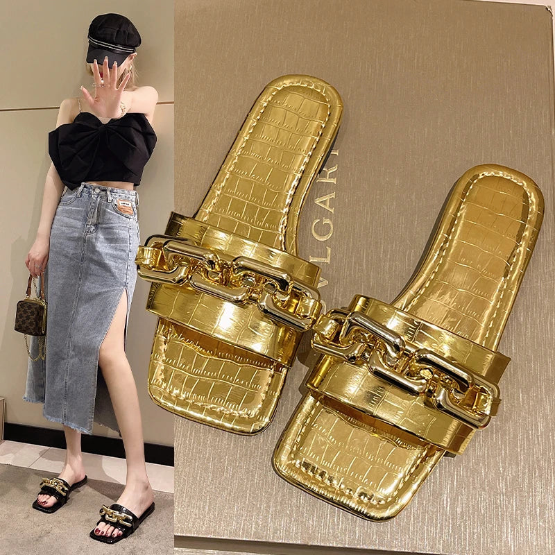 Women Slipper Golden Chain